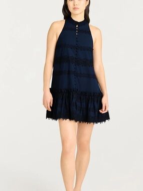 cinq a sept Navy Lace-Trim Halter Mini Dress with Ruffle Hem